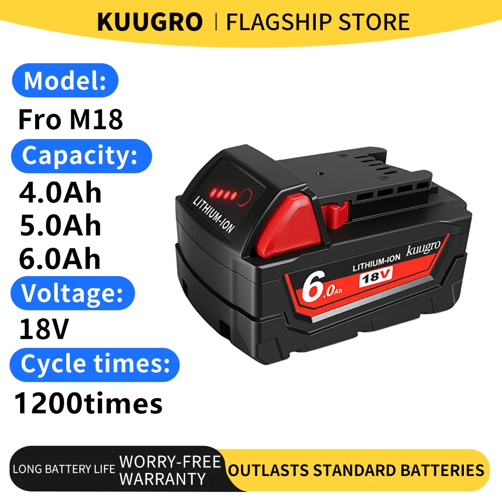 Kuugro High Output Rechargeable Batteries 18V for M18 Milwaukee Power Tool Compatible with 4Ah 5Ah 6Ah
Kuugro High Output Rechargeable Batteries 18V for M18 Milwaukee Power Tool Compatible with 4Ah 5Ah 6Ah