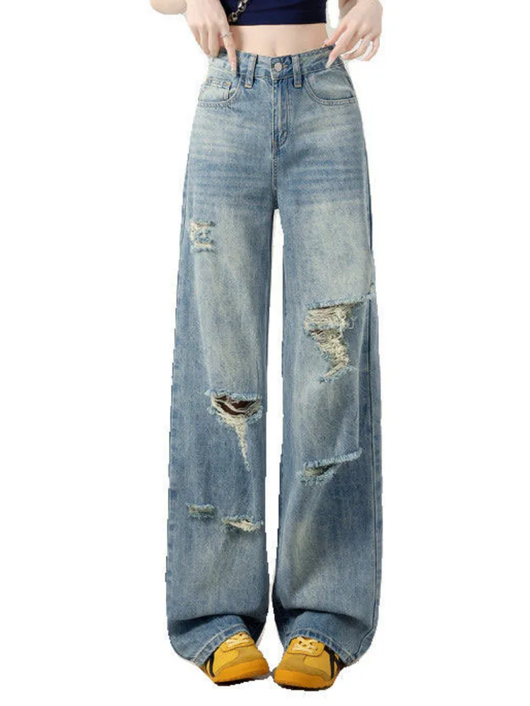 Women High Waist Wide Leg Jeans Light Blue Wash Distressed Ripped Denim Pants Vintage Frayed Hole Loose Casual Trousers
Women High Waist Wide Leg Jeans Light Blue Wash Distressed Ripped Denim Pants Vintage Frayed Hole Loose Casual Trousers