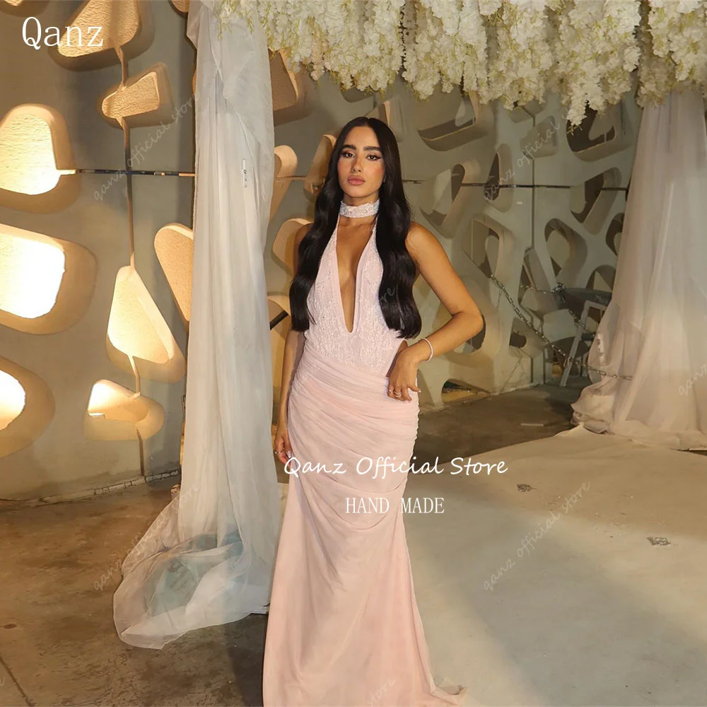 Qanz Elegant Pink Chiffon Prom Dresses Deep V Neck Lace Mermaid Vestidos Para Eventos Especiales Sexy Evening Dresse Customized
Qanz Elegant Pink Chiffon Prom Dresses Deep V Neck Lace Mermaid Vestidos Para Eventos Especiales Sexy Evening Dresse Customized