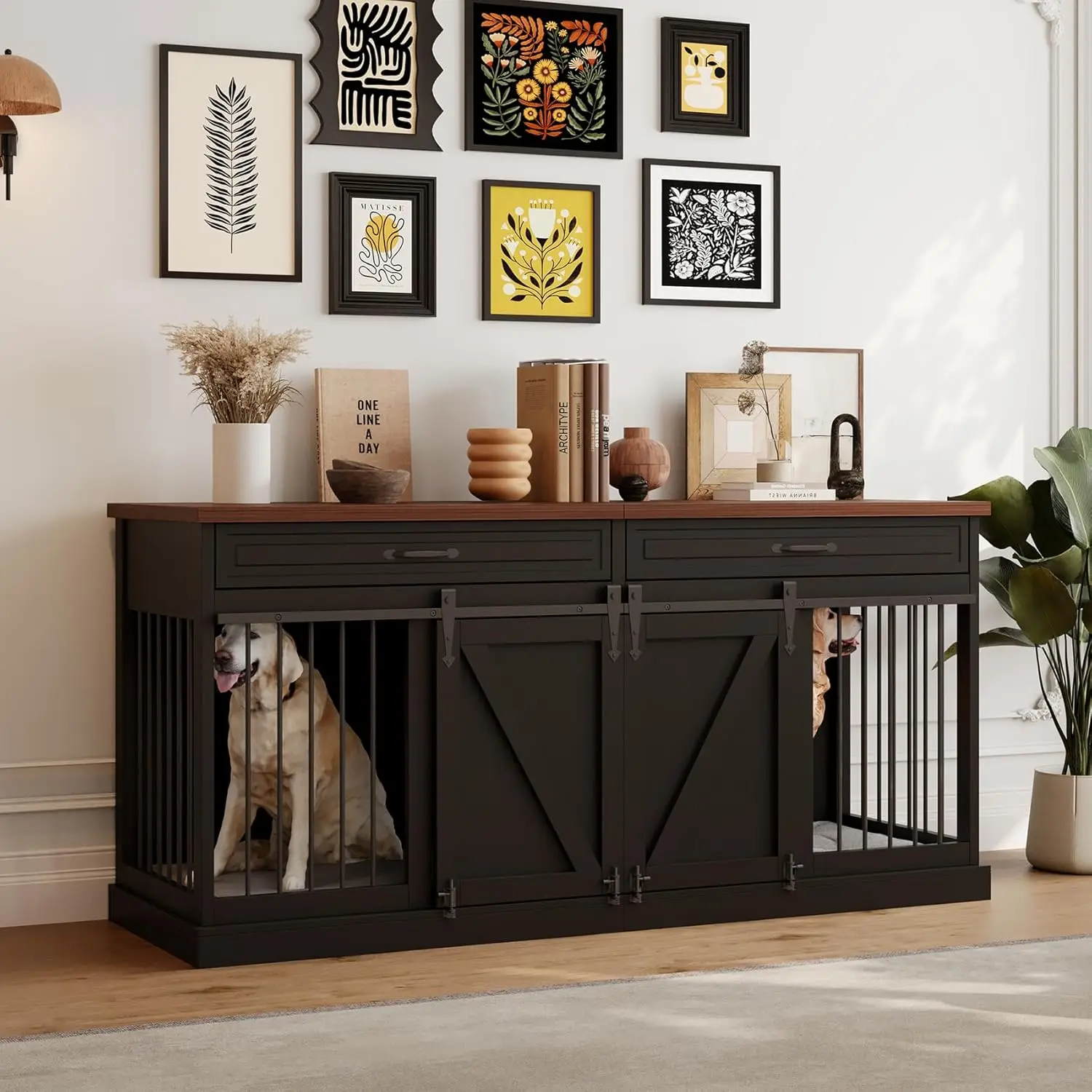 Furniture - Indoor Wooden Dog Kennel Furniture with 2 Sliding Barn Doors, 2 Drawers & Room Divider - 72"" L x 23.6"" W
Furniture - Indoor Wooden Dog Kennel Furniture with 2 Sliding Barn Doors, 2 Drawers & Room Divider - 72"" L x 23.6"" W