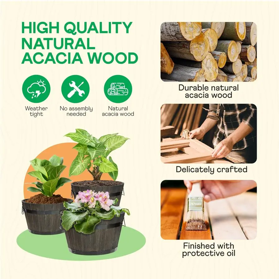 Set of 3 Wooden Flower Planters for Outdoor Plants, Acacia Wood Barrel Planters, Ergonomic Handles, Drainage Holes, Various Size
Set of 3 Wooden Flower Planters for Outdoor Plants, Acacia Wood Barrel Planters, Ergonomic Handles, Drainage Holes, Various Size