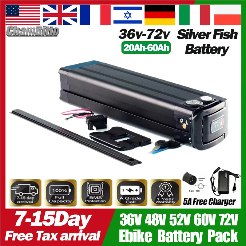 48v 52v eBike SilverFish Battery 36v 20 24ah 30 40ah 50 60ah Battery Electric Bicycle 60v 72v 1000w 2000w 3000w Lithium Batterie
48v 52v eBike SilverFish Battery 36v 20 24ah 30 40ah 50 60ah Battery Electric Bicycle 60v 72v 1000w 2000w 3000w Lithium Batterie