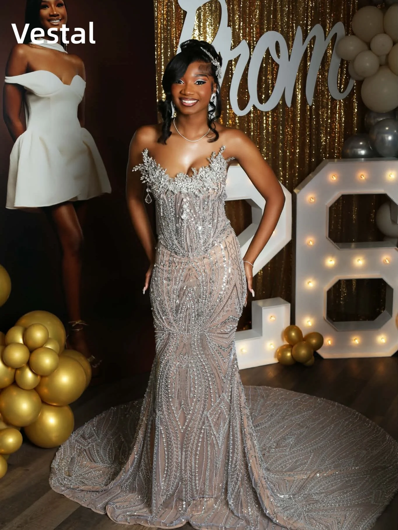 Vestal Silver Strapless Mermaid Prom Dress Fully Beaded Corset Formal Evening Gown with Train Gala Dress Customized
Vestal Silver Strapless Mermaid Prom Dress Fully Beaded Corset Formal Evening Gown with Train Gala Dress Customized