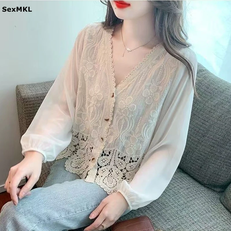 Summer Hollow Out Lace Sun Shirts Women 2026 Casual Long Sleeve Chiffon Blouses Korean Clothes V Neck Vintage White Tops Y2k
Summer Hollow Out Lace Sun Shirts Women 2026 Casual Long Sleeve Chiffon Blouses Korean Clothes V Neck Vintage White Tops Y2k