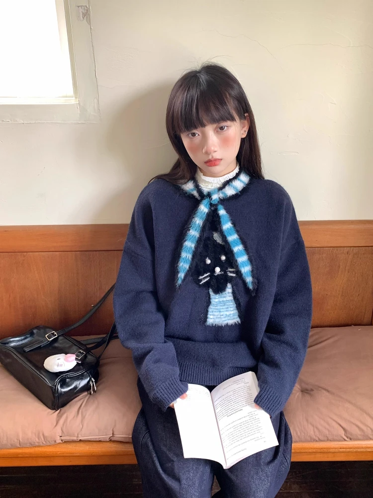 Винтажный вязаный топ с шарфом и воротником, женский темно-синий жаккардовый свитер с напуском и котом, осень-зима, лоскутный пуловер большого размера, трикотаж 
Винтажный вязаный топ с шарфом и воротником, женский темно-синий жаккардовый свитер с напуском и котом, осень-зима, лоскутный пуловер большого размера, трикотаж