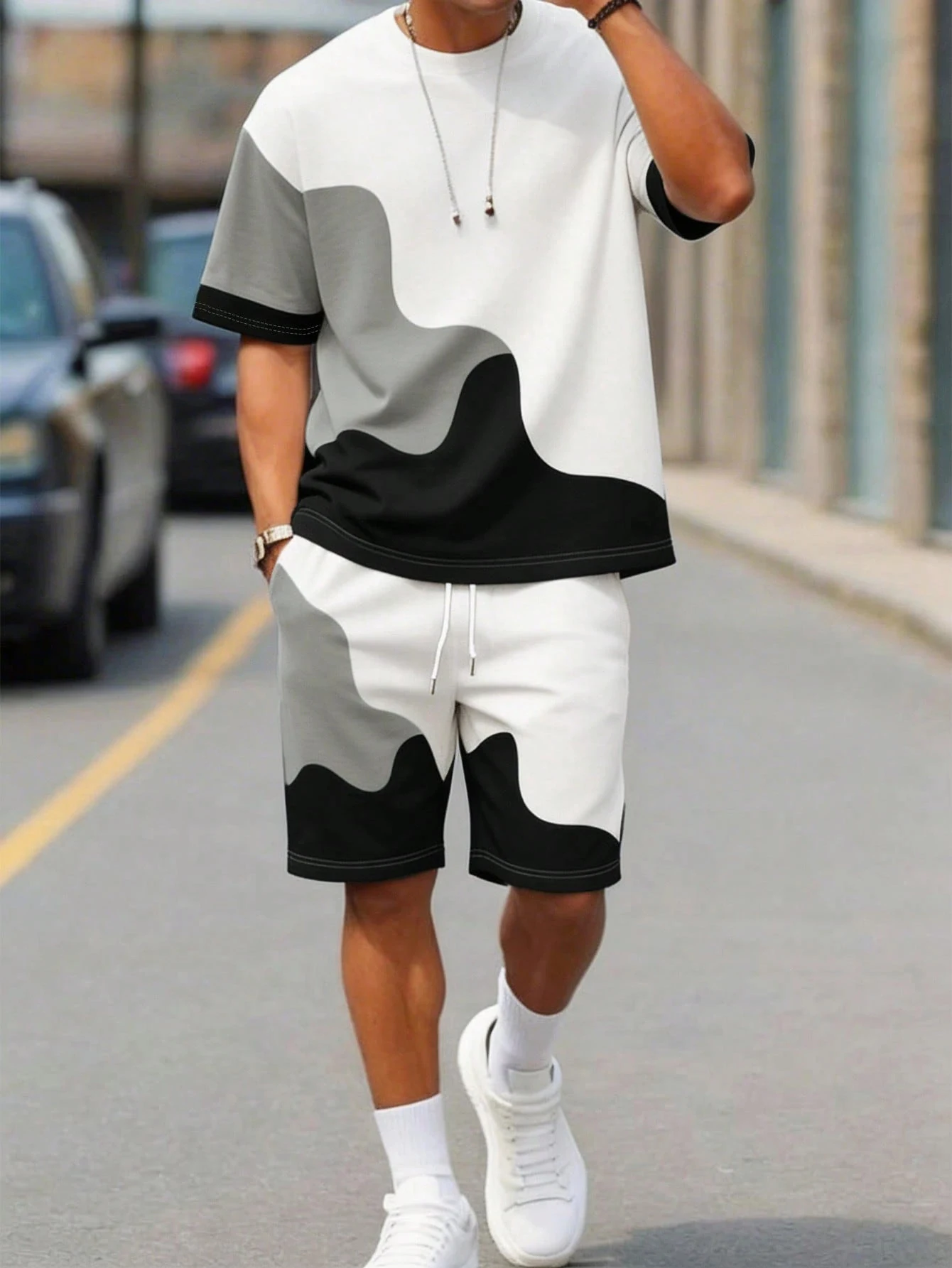 Men's Round-Neck T-Shirt and Shorts Fashion Set Textured Patchwork Print Design Perfect for Everyday Casual and Vacation Wear
Men's Round-Neck T-Shirt and Shorts Fashion Set Textured Patchwork Print Design Perfect for Everyday Casual and Vacation Wear