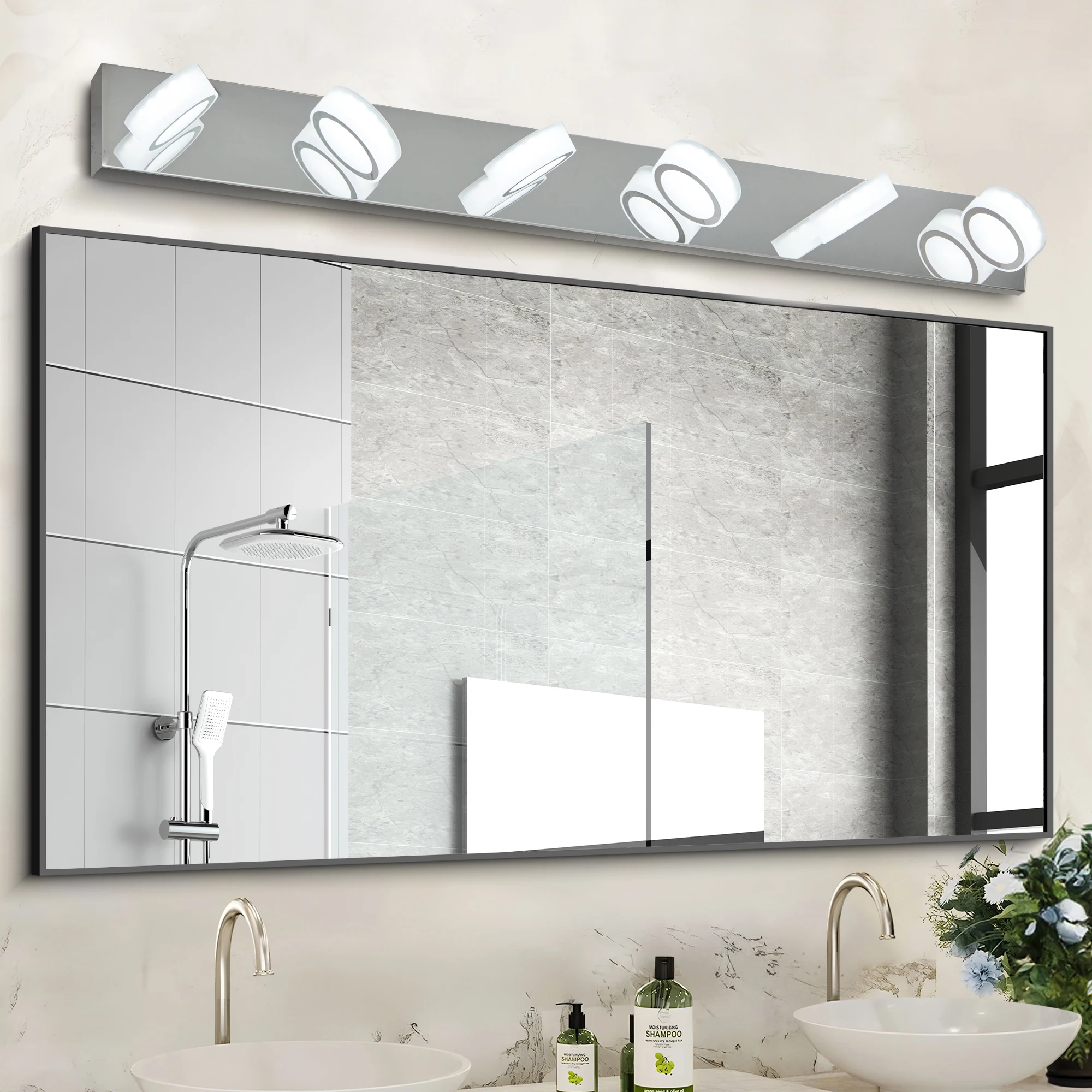 6-Light Bathroom Vanity Light Over Mirror Matte Chrome LED Vanity Lighting Fixtures 360°Rotating Lamp Head (Cool White 6000K)
6-Light Bathroom Vanity Light Over Mirror Matte Chrome LED Vanity Lighting Fixtures 360°Rotating Lamp Head (Cool White 6000K)