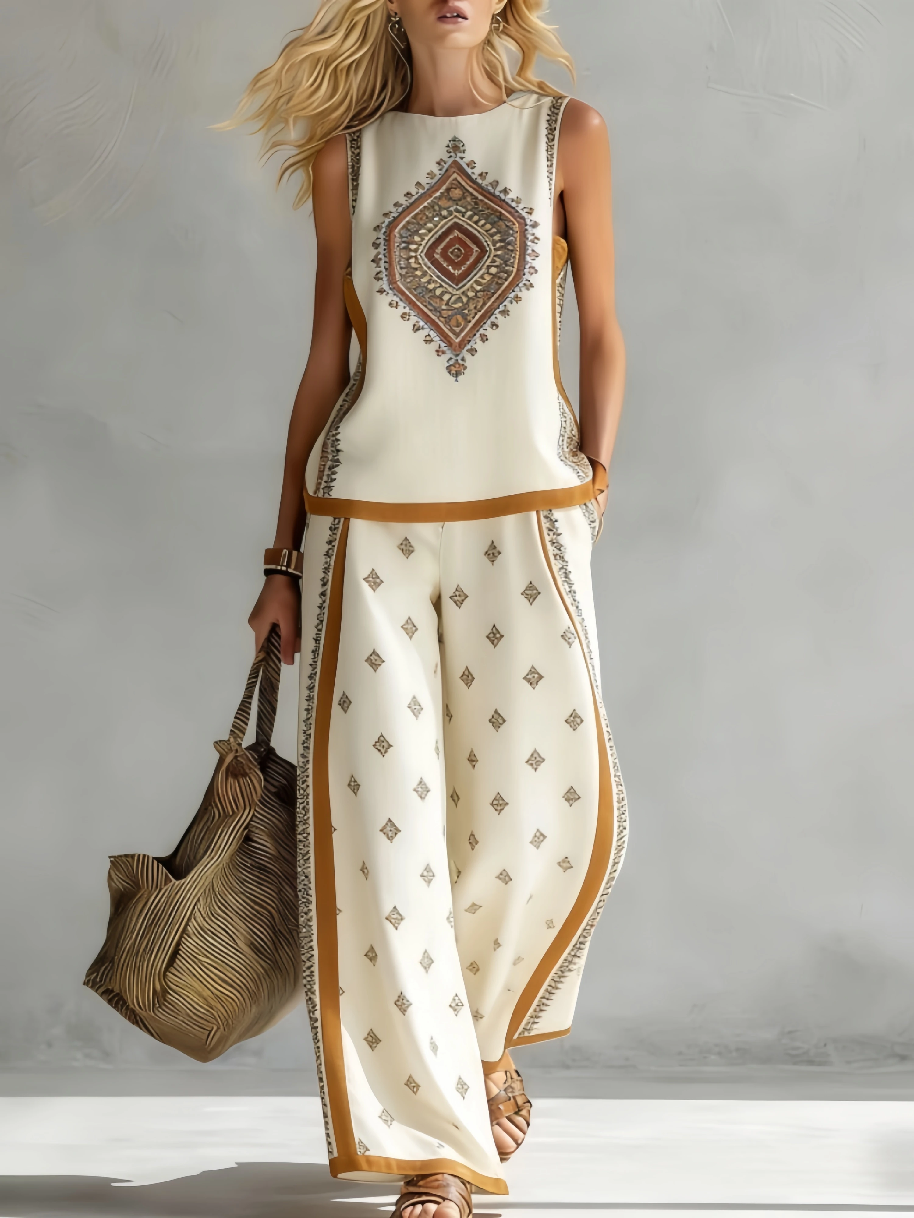 Fashion Retro Printed Sleeveless Tops Trousers 2-piece Set Women's Summer Casual Vest Loose Wide Leg Trousers Female Suit Pocket
Fashion Retro Printed Sleeveless Tops Trousers 2-piece Set Women's Summer Casual Vest Loose Wide Leg Trousers Female Suit Pocket
