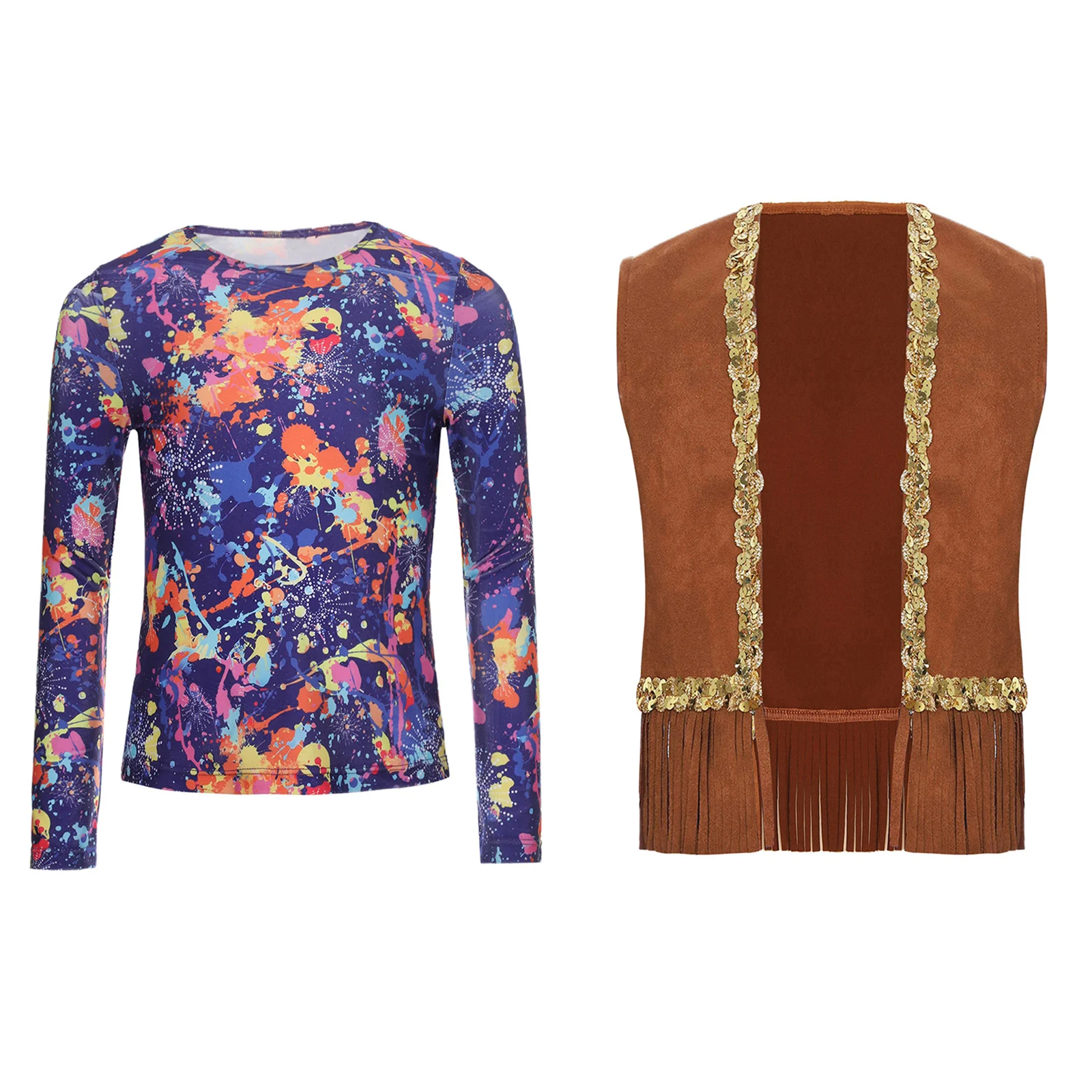 Kids Girls 70s Disco Fever Set Suede Vest And Psychedelic Print Shirt Swing Tassels Long Sleeve Hippie Halloween Dance Costume
Kids Girls 70s Disco Fever Set Suede Vest And Psychedelic Print Shirt Swing Tassels Long Sleeve Hippie Halloween Dance Costume