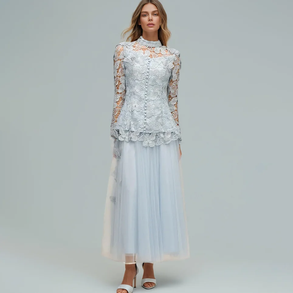 Solid Hollow Out Spliced Lace Two Piece Set For Women Round Neck Long Sleeves Top High Waist Skirt Sets Female New 
Solid Hollow Out Spliced Lace Two Piece Set For Women Round Neck Long Sleeves Top High Waist Skirt Sets Female New