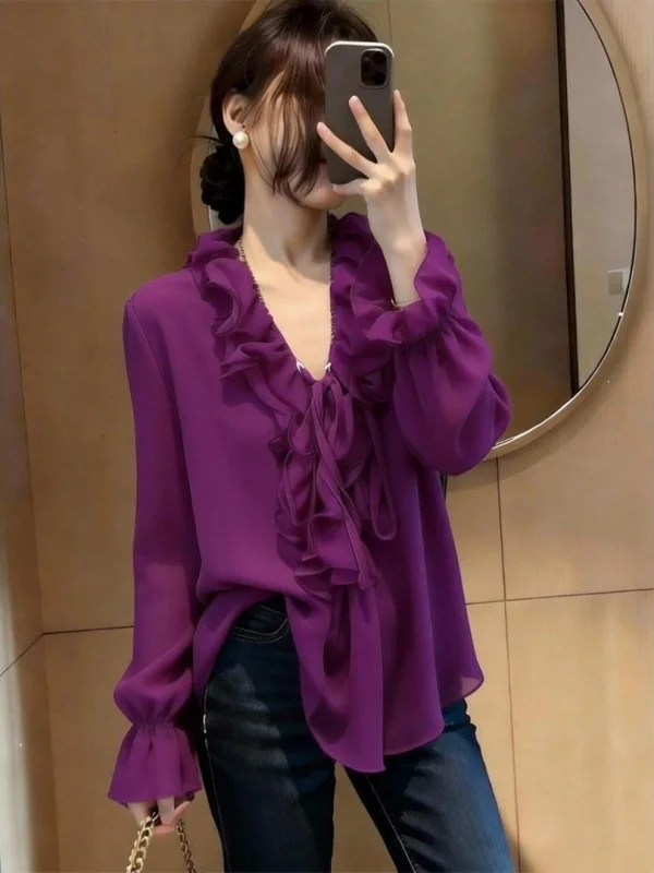 Slimming V-Neck Long Sleeve Women's Shirt Spring Summer New Style Wooden Design Purple Base Shirt Top Sweet Style Loose Fit
Slimming V-Neck Long Sleeve Women's Shirt Spring Summer New Style Wooden Design Purple Base Shirt Top Sweet Style Loose Fit