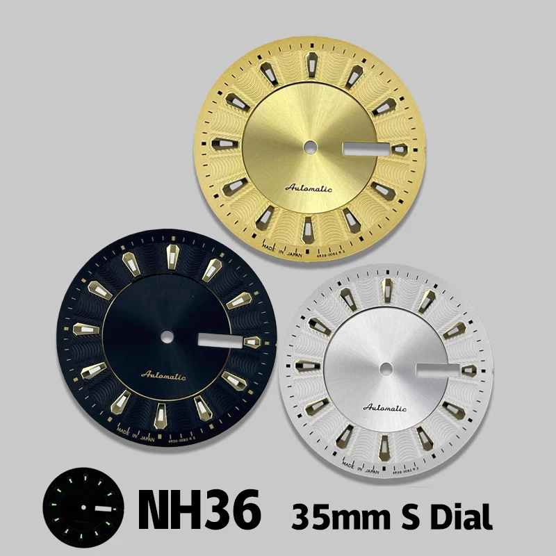 NH36 dial, 35mm dial with S logo, suitable for NH36 movement, green luminous dual calendar mechanical watch modification parts
NH36 dial, 35mm dial with S logo, suitable for NH36 movement, green luminous dual calendar mechanical watch modification parts