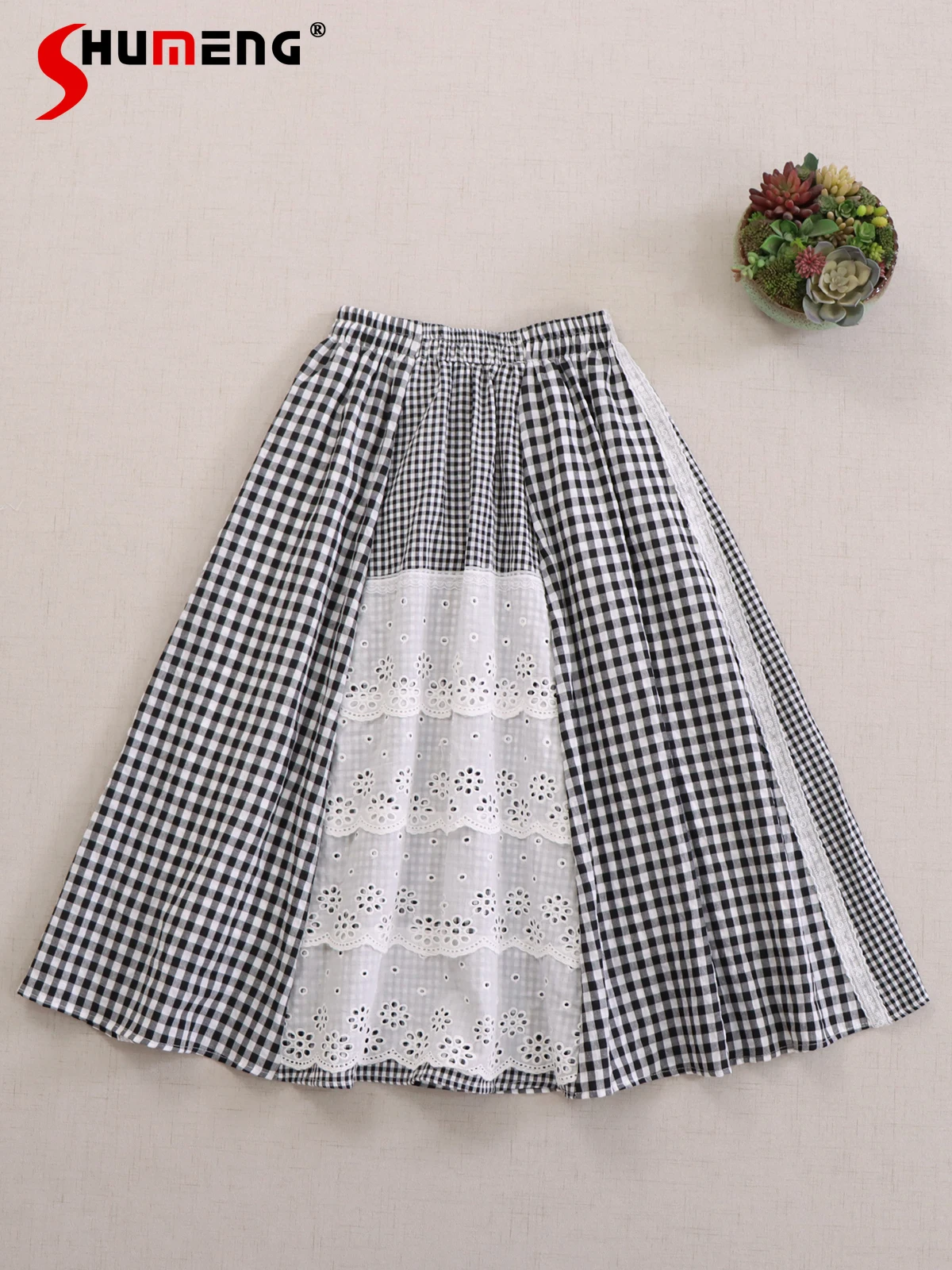 Japanese Sweet Mori Girl Irregular Plaid Lace Splicing Loose Versatile Casual Elastic High Waist A-line Long Skirt Women Spring
Japanese Sweet Mori Girl Irregular Plaid Lace Splicing Loose Versatile Casual Elastic High Waist A-line Long Skirt Women Spring