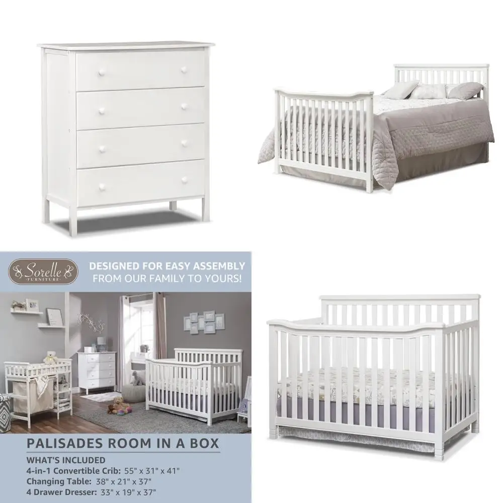 3-Piece Nursery Set: 4-in-1 Convertible Crib, Dresser, Changing Table with Hamper - Non-Toxic White Wooden Finish
3-Piece Nursery Set: 4-in-1 Convertible Crib, Dresser, Changing Table with Hamper - Non-Toxic White Wooden Finish