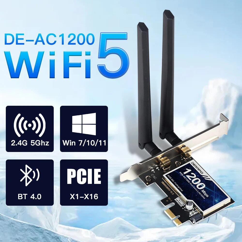 Беспроводной адаптер Wi-Fi 5, PCI-E, сетевая карта AC1200, двухдиапазонная, 2,4 ГГц/5 ГГц, 802.11AC для настольного компьютера Bluetooth 4,0, Windows 7/8/10/11
Беспроводной адаптер Wi-Fi 5, PCI-E, сетевая карта AC1200, двухдиапазонная, 2,4 ГГц/5 ГГц, 802.11AC для настольного компьютера Bluetooth 4,0, Windows 7/8/10/11