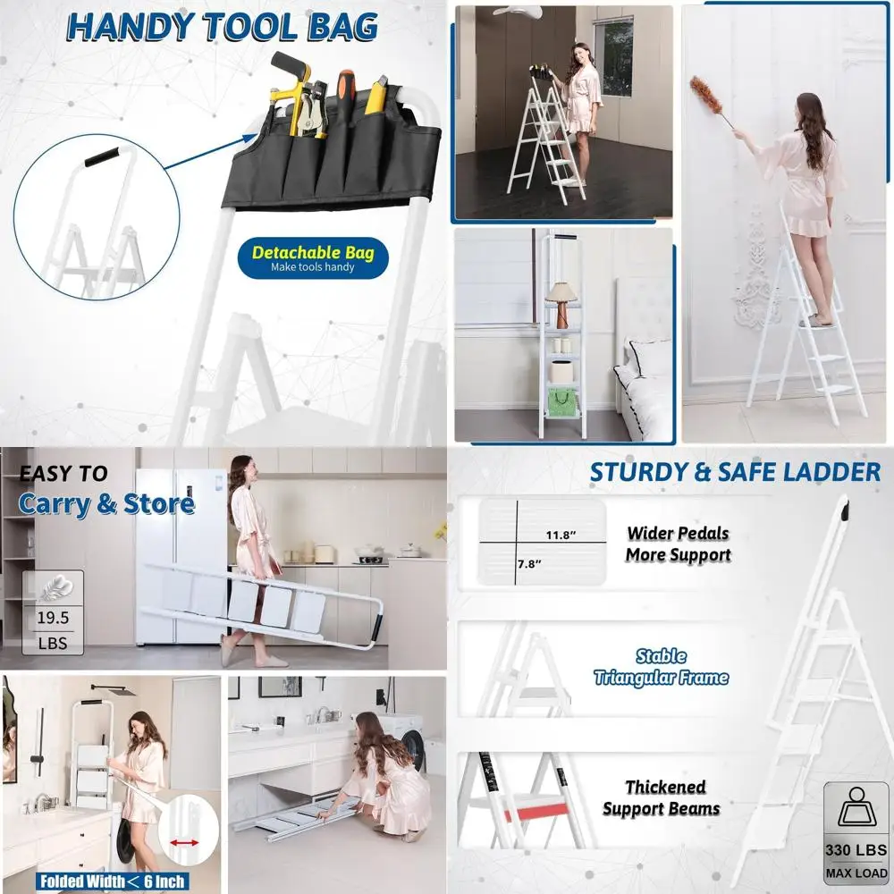 5-Step Folding Ladder with Handrails, Portable Safety Step Stool with Tool Pouch, Anti-Slip for Indoor and Outdoor Use, White
5-Step Folding Ladder with Handrails, Portable Safety Step Stool with Tool Pouch, Anti-Slip for Indoor and Outdoor Use, White