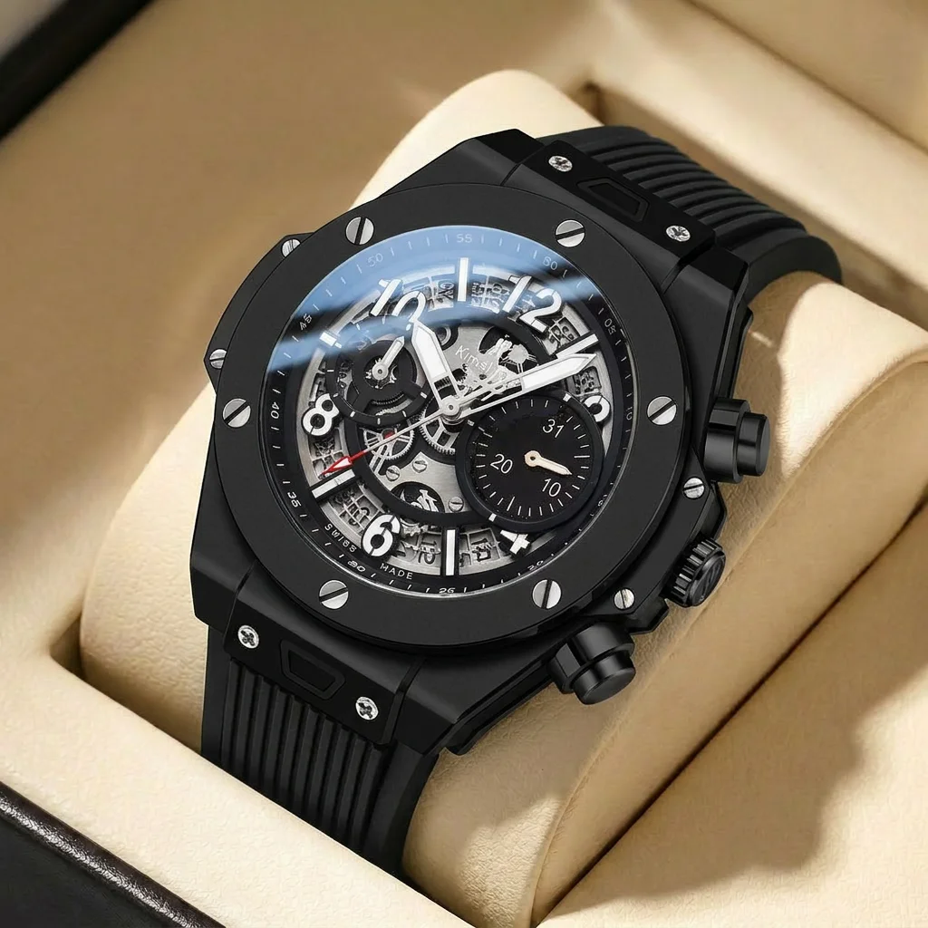 1pcs Men's black dial silicone strap vintage fashion skeleton gear luxury details Mechanical Watch for business party holiday
1pcs Men's black dial silicone strap vintage fashion skeleton gear luxury details Mechanical Watch for business party holiday