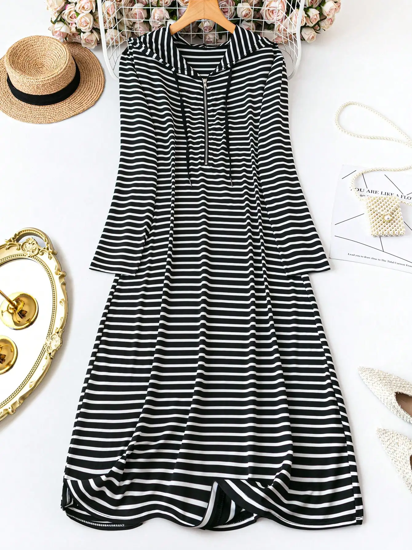 Black and White Striped Hooded Long Sleeve Maxi Dress with Zipper Neck and Pockets
Black and White Striped Hooded Long Sleeve Maxi Dress with Zipper Neck and Pockets
