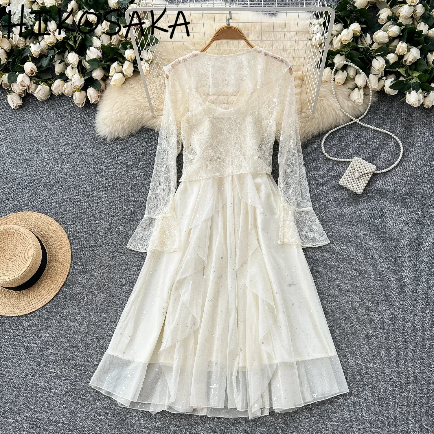 Spring Summer Sweet Temperament Solid Dress Sets Flare Long Sleeve Lace Cardigan Top Slim Waist Mesh Camis Dresses Women Suit
Spring Summer Sweet Temperament Solid Dress Sets Flare Long Sleeve Lace Cardigan Top Slim Waist Mesh Camis Dresses Women Suit