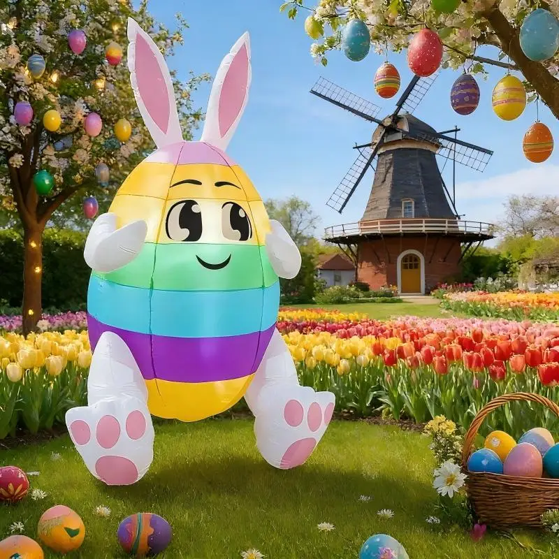 5FT Easter Festive Inflatable Egg-shape Rabbit Decor Built-in LED Lights Airblown Easter Props Decor Ornament Easter Inflatable