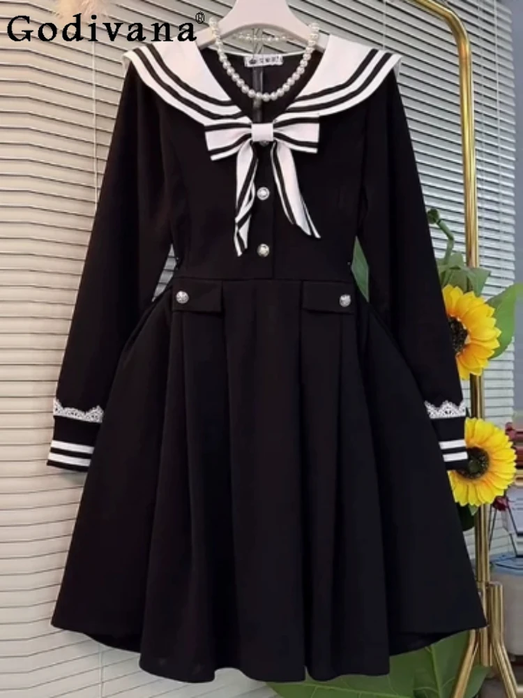 Spring Autumn New Sweet Navy Collar Long Sleeve French High Waist Dress Fashion Versatile A-line Simple Leisure Black Dresses
Spring Autumn New Sweet Navy Collar Long Sleeve French High Waist Dress Fashion Versatile A-line Simple Leisure Black Dresses