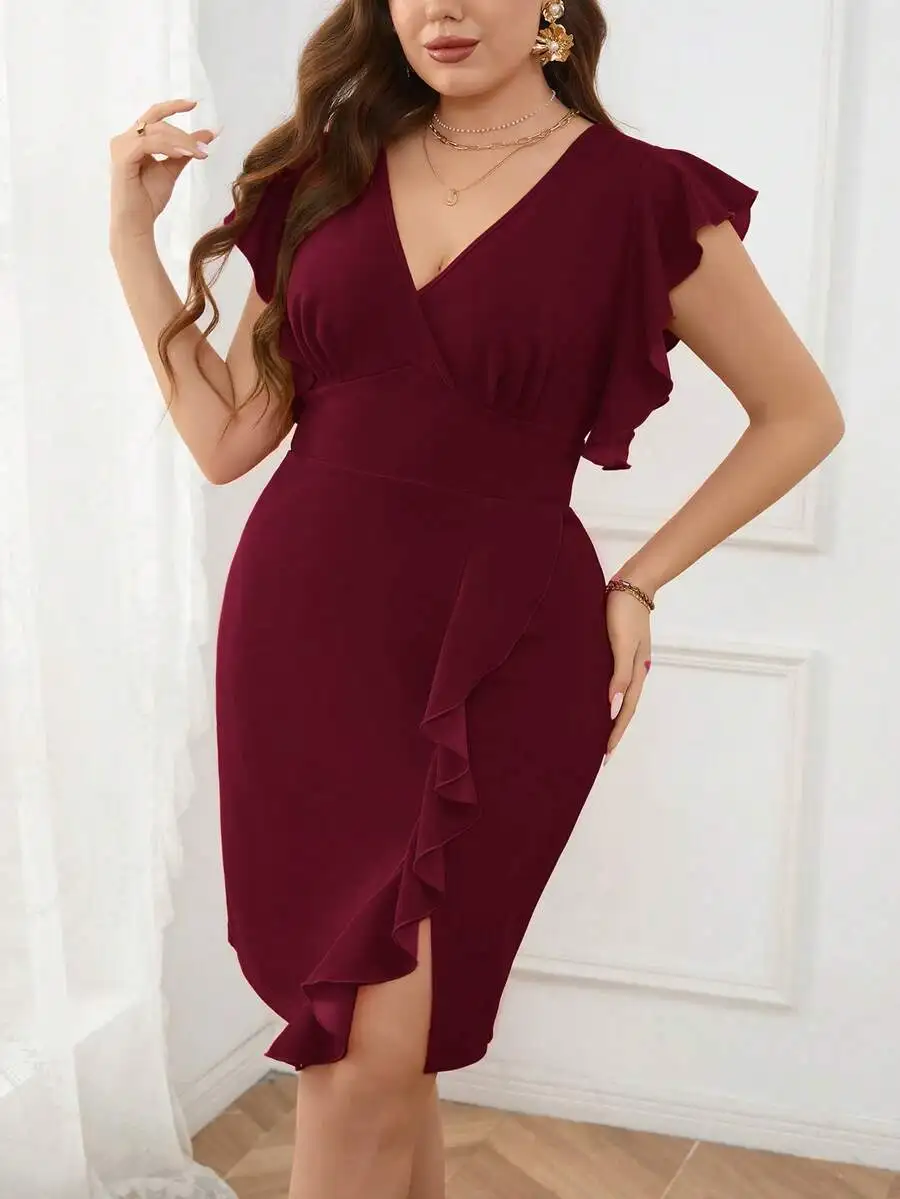 Elegant Ruffle Trim V-Neck Slit Hem Midi Dress For Women
Elegant Ruffle Trim V-Neck Slit Hem Midi Dress For Women
