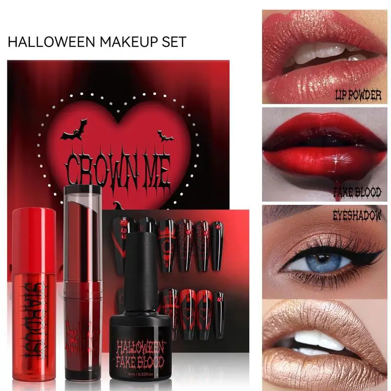 Fake Blood Makeup Kit for Halloween Lipstick Powder Two Toneeyeshadow Nail Slice Halloween Cosmetic Party Festival Cosplay
Fake Blood Makeup Kit for Halloween Lipstick Powder Two Toneeyeshadow Nail Slice Halloween Cosmetic Party Festival Cosplay