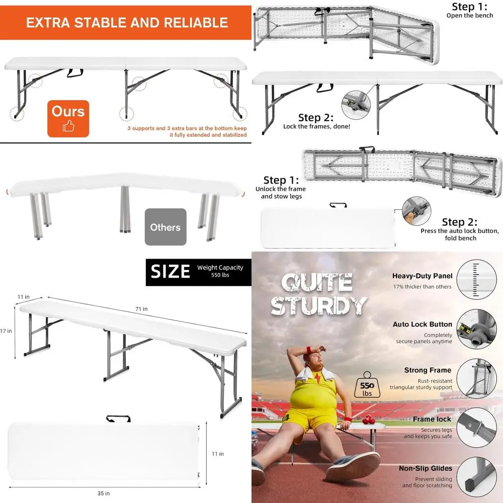 6-футовая белая пластиковая складная скамейка, портативное сиденье для пикника на открытом воздухе, обеденное сиденье для сада и кемпинга
6-футовая белая пластиковая складная скамейка, портативное сиденье для пикника на открытом воздухе, обеденное сиденье для сада и кемпинга