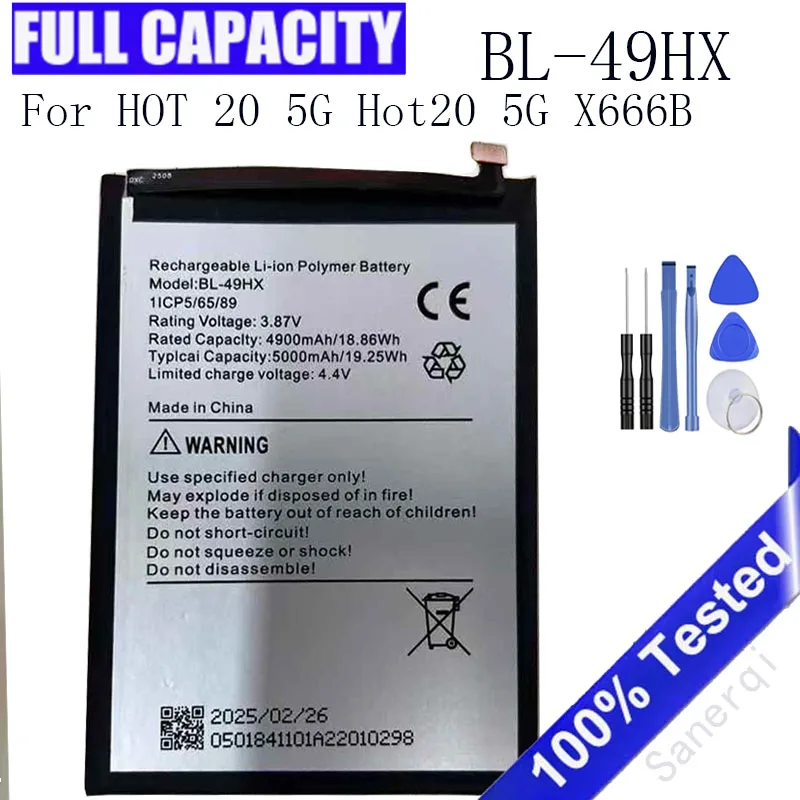 Battery BL-49HX For HOT 20 5G Hot20 5G X666B Battery 3.85V 5000mAh Bateria + Tools
Battery BL-49HX For HOT 20 5G Hot20 5G X666B Battery 3.85V 5000mAh Bateria + Tools