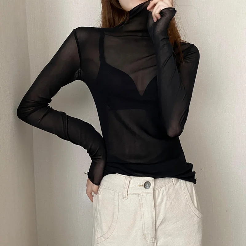 Women's High Collar Lace Base Shirt Long Sleeve Transparent Net Shirt Inner Wear Black Korean Style Slim Fit Commute Style
Women's High Collar Lace Base Shirt Long Sleeve Transparent Net Shirt Inner Wear Black Korean Style Slim Fit Commute Style