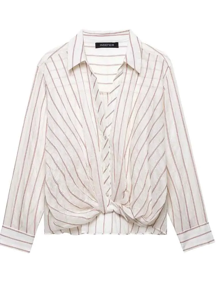 European style new women's French style fashion all-match simple knotted striped long-sleeved lapel shirt top
European style new women's French style fashion all-match simple knotted striped long-sleeved lapel shirt top