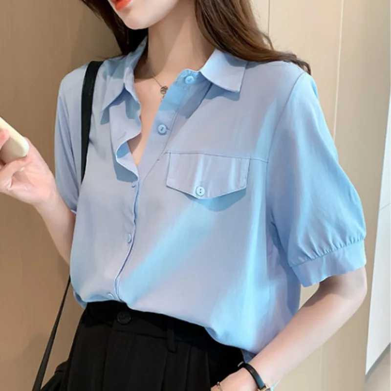 Женская блузка в корейском стиле с коротким рукавом, V-образным вырезом и карманами, повседневная летняя рубашка
Женская блузка в корейском стиле с коротким рукавом, V-образным вырезом и карманами, повседневная летняя рубашка