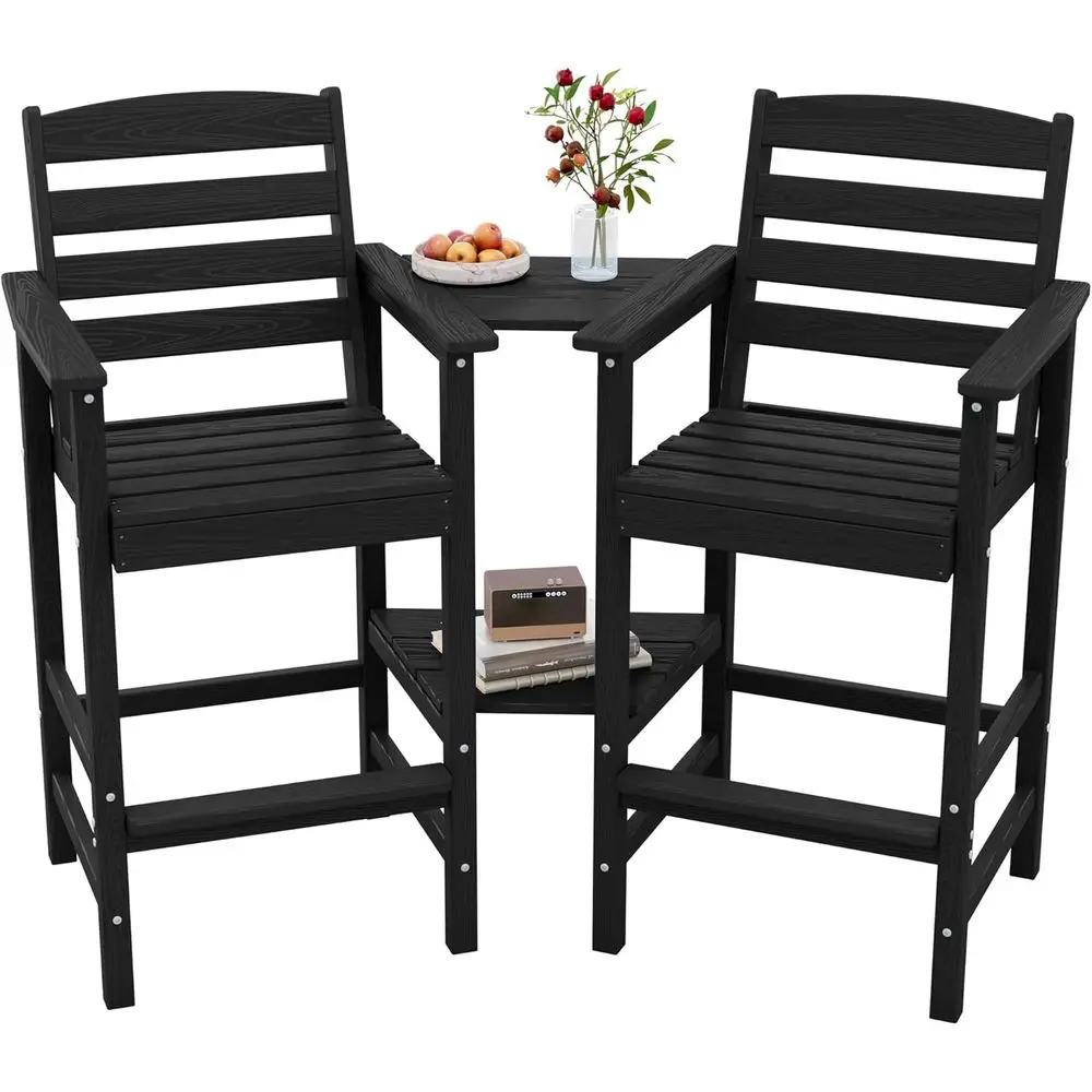 Set of 2 Tall Outdoor Adirondack Chairs with Side Table, Weather-Resistant Black Barstools
Set of 2 Tall Outdoor Adirondack Chairs with Side Table, Weather-Resistant Black Barstools