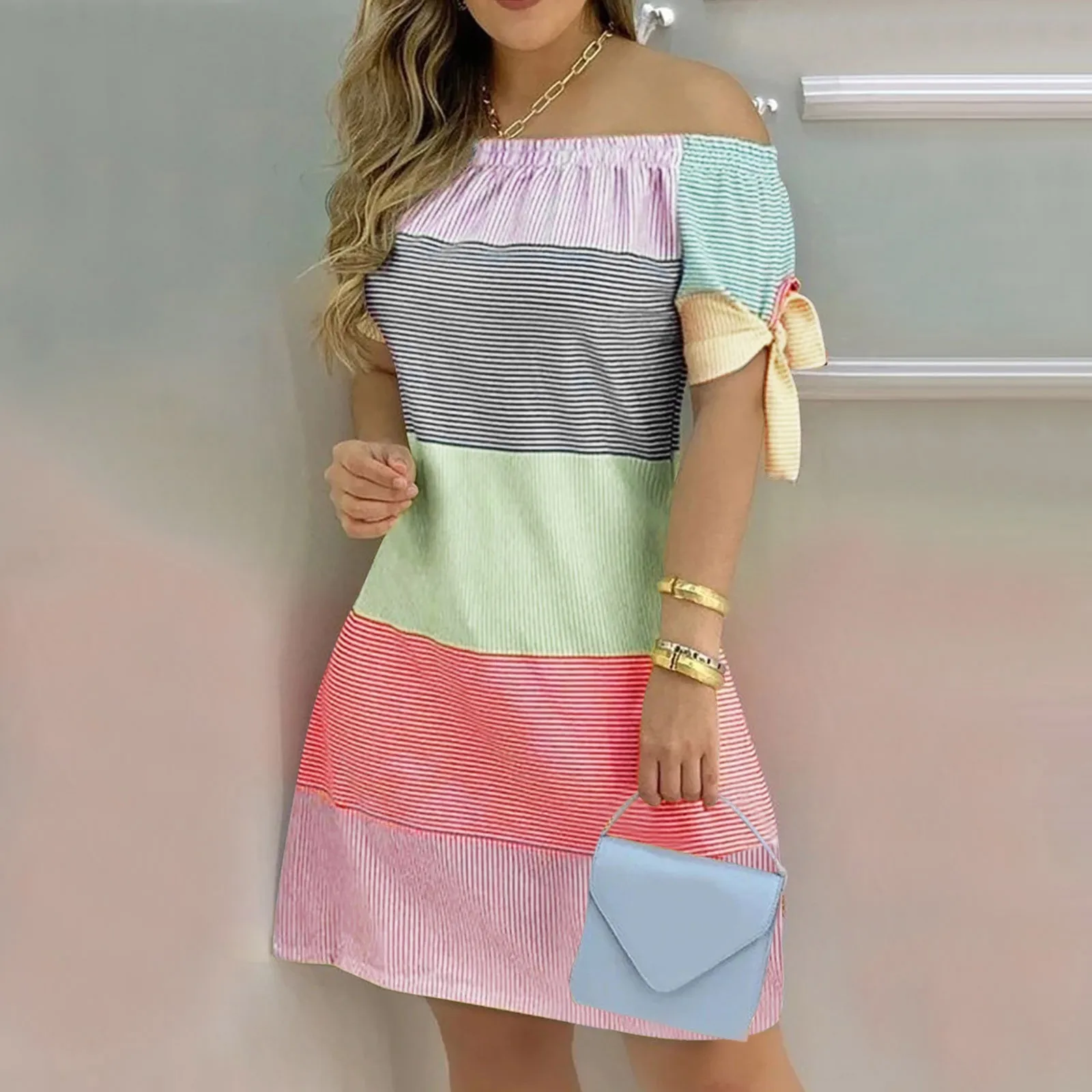 Fashion Off The Shoulder Mini Dress For Women Summer One Neck Bow Short Sleeve Ladies A-Line Backless Striped Printed Dresses
Fashion Off The Shoulder Mini Dress For Women Summer One Neck Bow Short Sleeve Ladies A-Line Backless Striped Printed Dresses