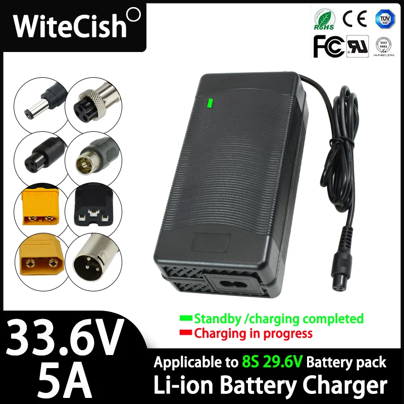 Зарядное устройство 33,6 В, литиевое зарядное устройство 5А для 8 серии, литий-ионный аккумулятор 29,6 В с вилкой DC5,5*2,1 мм, встроенный охлаждающий вентилятор
Зарядное устройство 33,6 В, литиевое зарядное устройство 5А для 8 серии, литий-ионный аккумулятор 29,6 В с вилкой DC5,5*2,1 мм, встроенный охлаждающий вентилятор