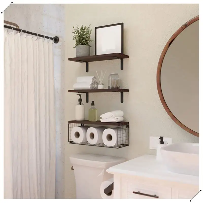 Bathroom Shelves Over Toilet, Floating Bathroom Wall Shelves With Wire Basket, Shelf For Wall Decor Brown Easy To Use
Bathroom Shelves Over Toilet, Floating Bathroom Wall Shelves With Wire Basket, Shelf For Wall Decor Brown Easy To Use