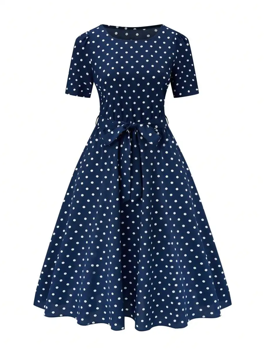 Navy Blue Polka Dot Short Sleeve Flowy A-Line Dress with Waist Tie
Navy Blue Polka Dot Short Sleeve Flowy A-Line Dress with Waist Tie
