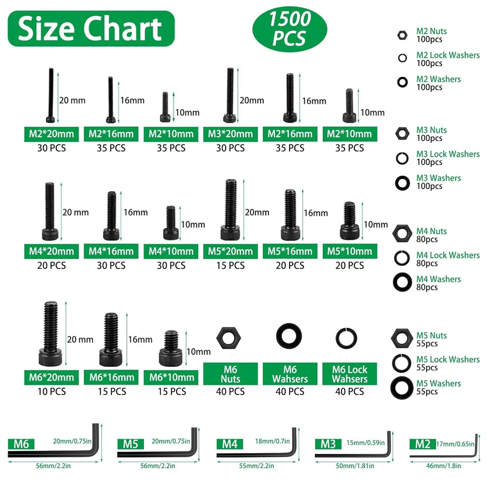 A78I 1500PCS Screws Nuts and Washers Assortment, Hex Socket Head Cap Metric Bolts and Nuts Kit for 3D Printer Furniture
A78I 1500PCS Screws Nuts and Washers Assortment, Hex Socket Head Cap Metric Bolts and Nuts Kit for 3D Printer Furniture