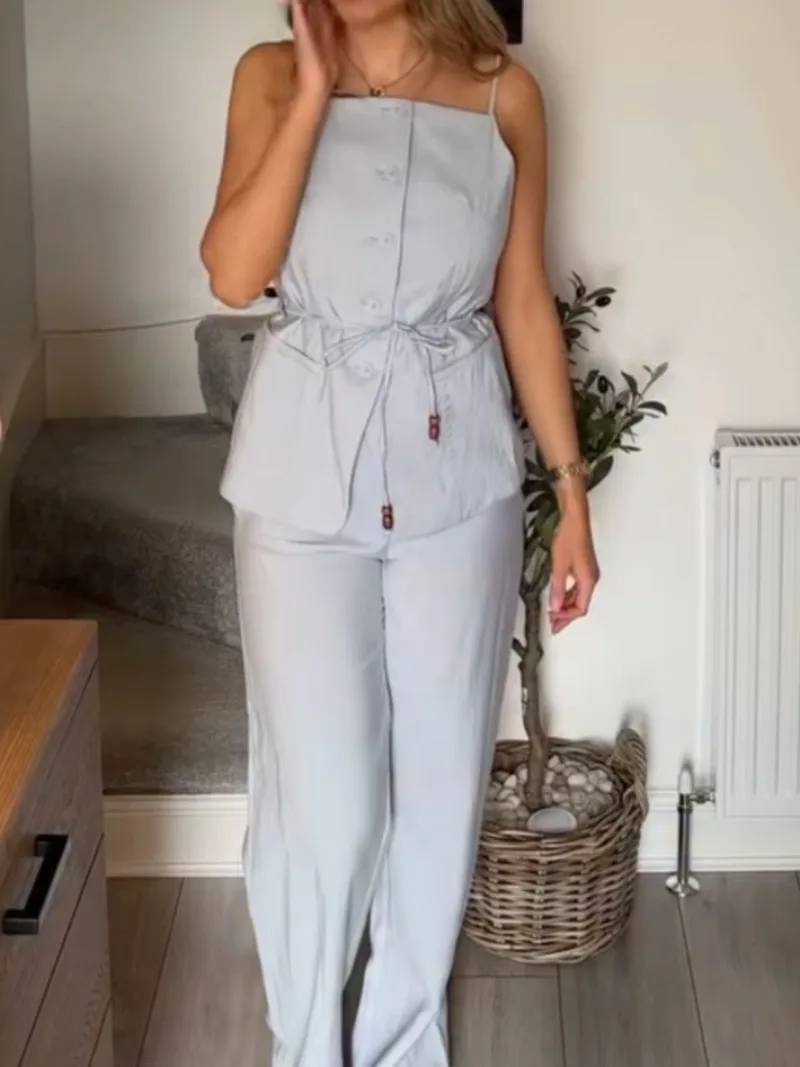 High Waist Straight Leg Pants Sets for Women 2 Pieces with Belt Solid Sleeveless Short Tops Set Temperament Women Outfit Elegant
High Waist Straight Leg Pants Sets for Women 2 Pieces with Belt Solid Sleeveless Short Tops Set Temperament Women Outfit Elegant