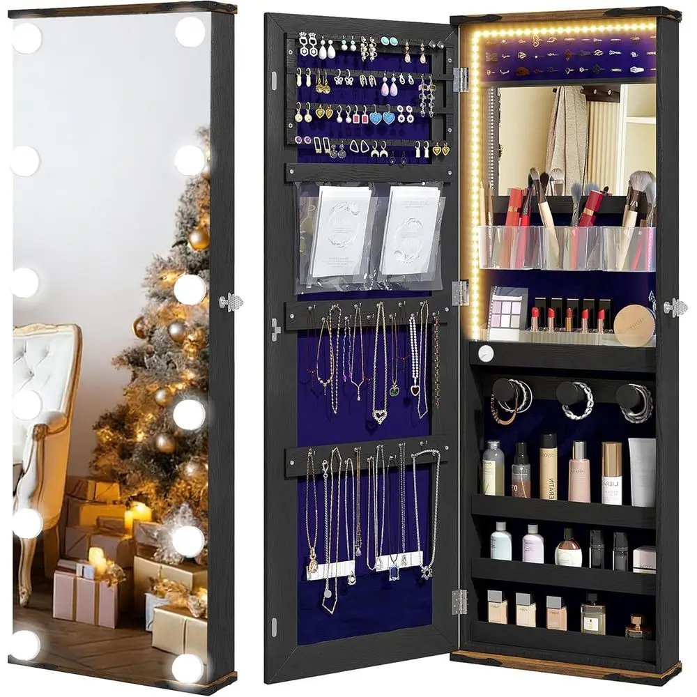 LED-lit, Lockable Door-mounted Jewelry Organizer with Mirror for Women, Black
LED-lit, Lockable Door-mounted Jewelry Organizer with Mirror for Women, Black