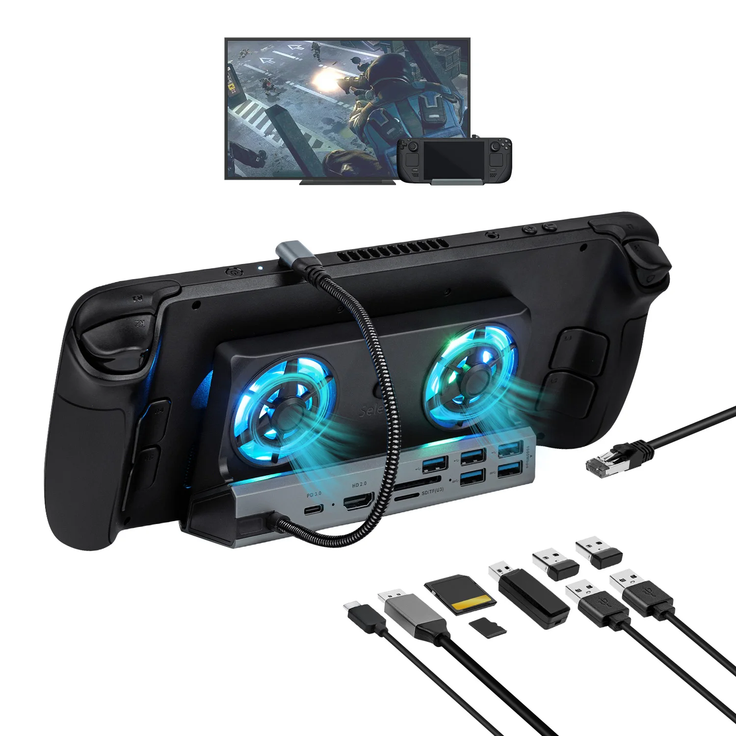 10 in 1 Docking Station with Dual Cooling Fan HDMI-Compatible 2.0 4k@60hz Gigabit Ethernet Dock Stand for Steam Deck/Rog Ally
10 in 1 Docking Station with Dual Cooling Fan HDMI-Compatible 2.0 4k@60hz Gigabit Ethernet Dock Stand for Steam Deck/Rog Ally