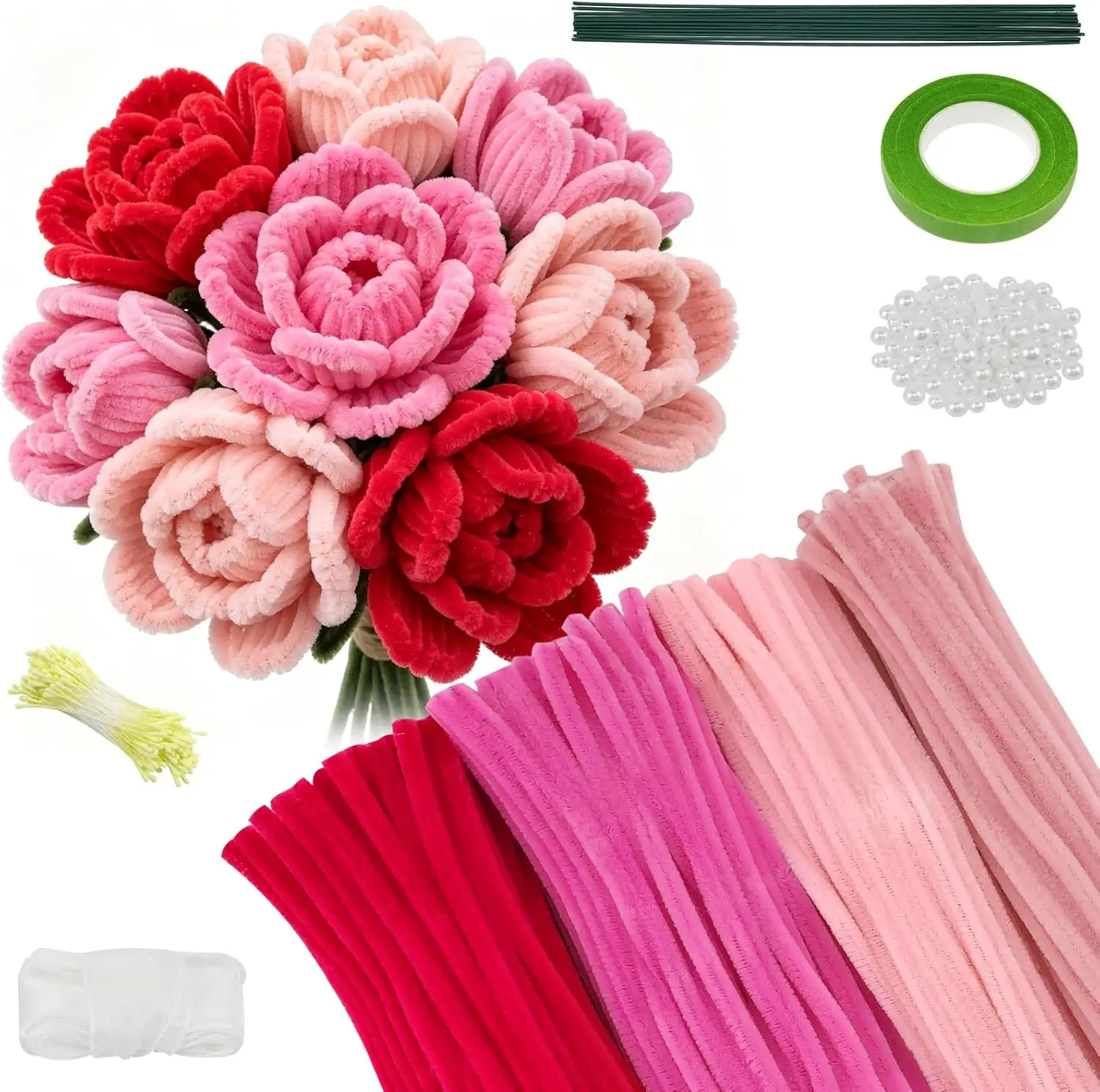 300 Pcs Pipe Cleaners Craft Set, Creative Gift with 15pcs Stems, 1pc Tape,150pcs Stamens,1pc Ribbon, 30pcs Pearls
300 Pcs Pipe Cleaners Craft Set, Creative Gift with 15pcs Stems, 1pc Tape,150pcs Stamens,1pc Ribbon, 30pcs Pearls