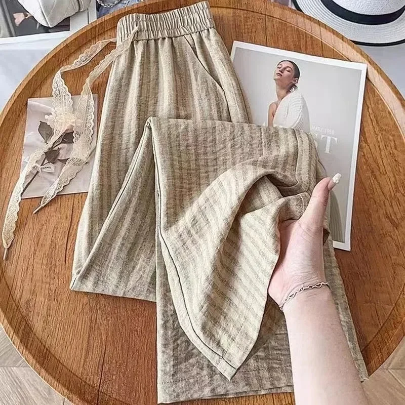 Spring Women Fashion Loose Wide Legs Trousers Female High Waist Striped Straight Leg Pants summer Ladies Casual Linen Pantalons
Spring Women Fashion Loose Wide Legs Trousers Female High Waist Striped Straight Leg Pants summer Ladies Casual Linen Pantalons