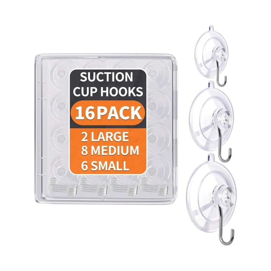 Suction Cup Hooks 16Pack Assorted Size- 6 Small 8 Medium 2 Large, Clear Suction Cup, Stainless Steel Hook, No Trace, Reusable a
Suction Cup Hooks 16Pack Assorted Size- 6 Small 8 Medium 2 Large, Clear Suction Cup, Stainless Steel Hook, No Trace, Reusable a