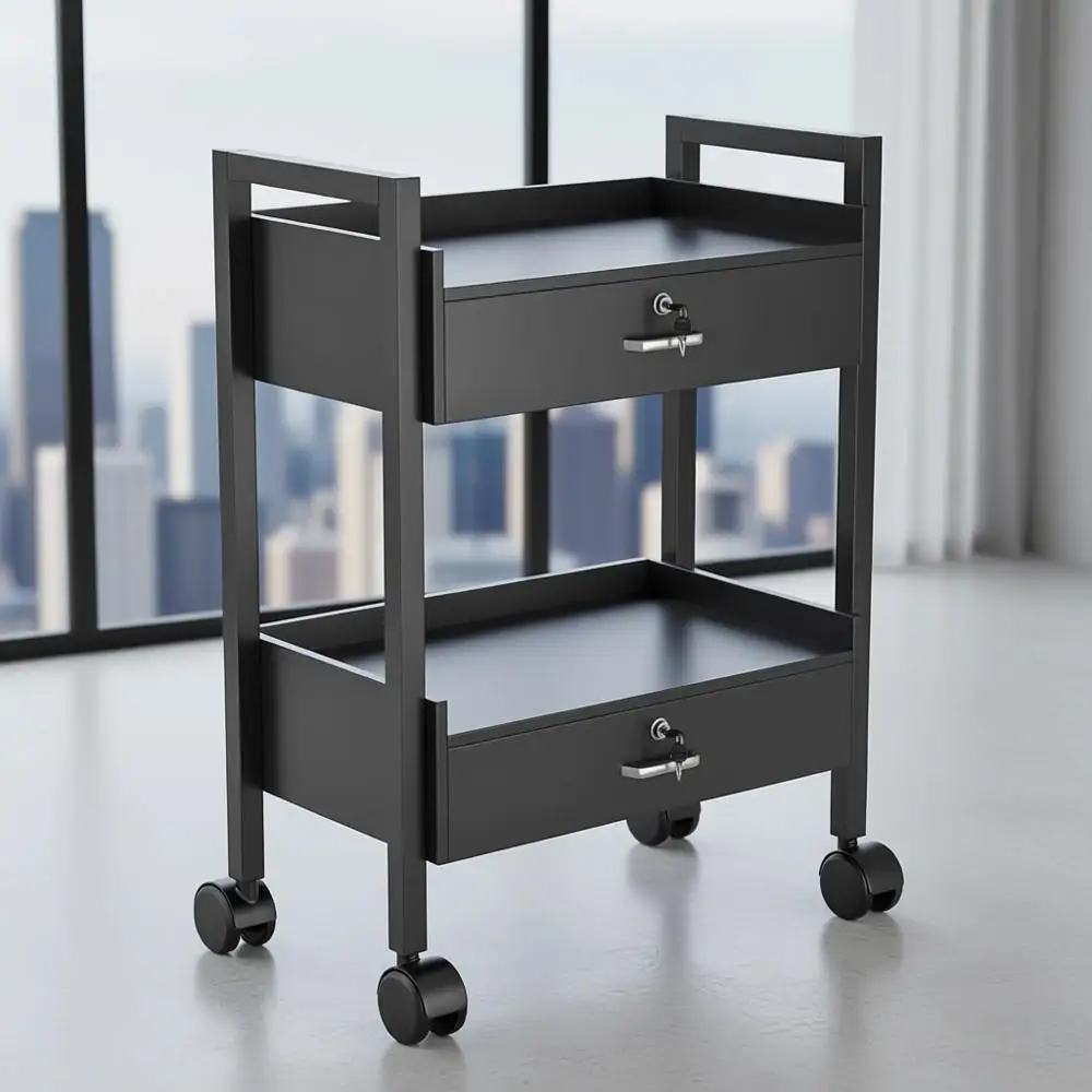 Wooden Mobile Utility Cart with 2 Lockable Drawers, Rolling Storage for Medical Spa Supplies (Black)
Wooden Mobile Utility Cart with 2 Lockable Drawers, Rolling Storage for Medical Spa Supplies (Black)