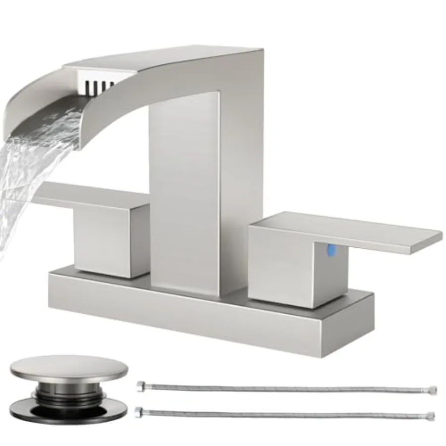 Waterfall Bathroom Faucets 3 Hole, Bathroom Sink Faucet Square with Pop-Up Drain, 2 Handle and 2 Supply Hoses, Lead-Free Stales
Waterfall Bathroom Faucets 3 Hole, Bathroom Sink Faucet Square with Pop-Up Drain, 2 Handle and 2 Supply Hoses, Lead-Free Stales