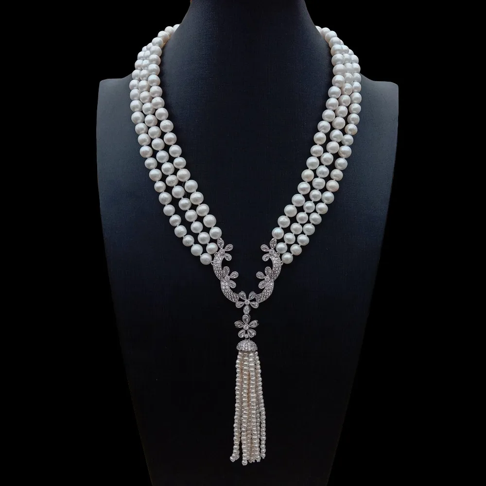 3-прядное ожерелье из пресноводного культивированного белого жемчуга, кулон с кубическим цирконием
3-прядное ожерелье из пресноводного культивированного белого жемчуга, кулон с кубическим цирконием