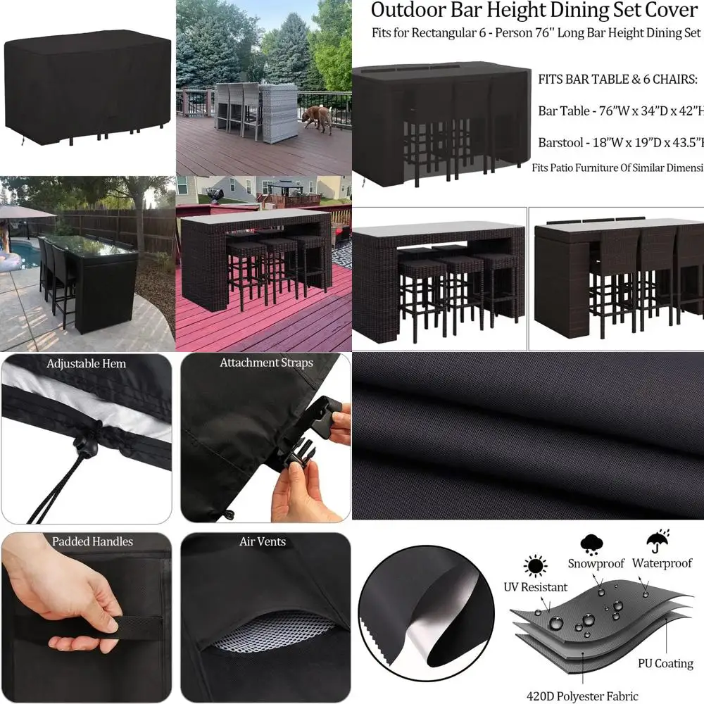 Waterproof Outdoor 6-Person Rectangular Bar Height Dining Set Cover, 76 Length, Heavy Duty Patio Protection
Waterproof Outdoor 6-Person Rectangular Bar Height Dining Set Cover, 76 Length, Heavy Duty Patio Protection