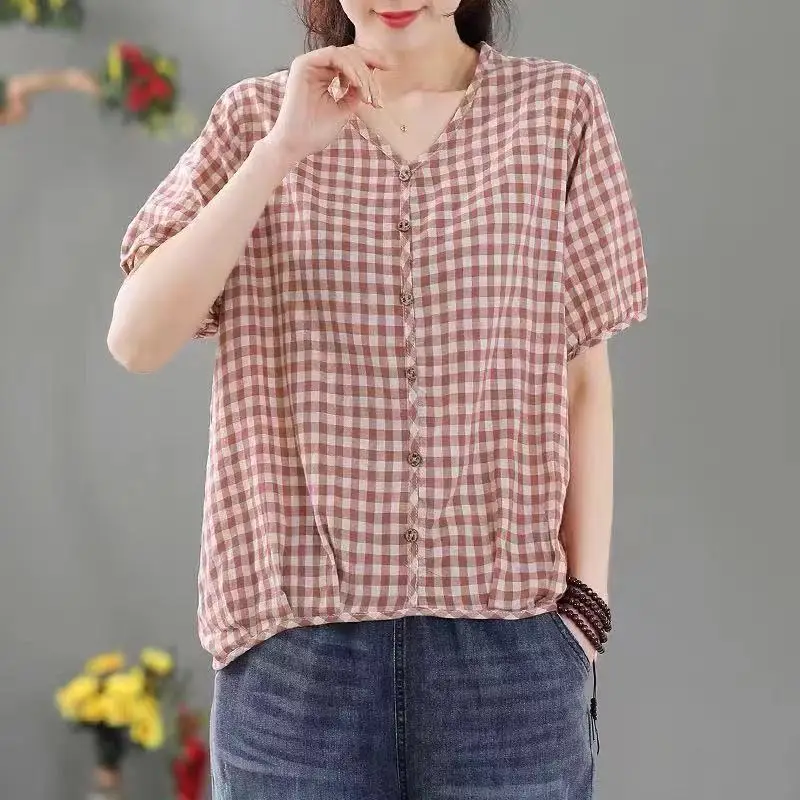 Pure Cotton Breathable Short Sleeves T-shirt for Women Summer Loose Artistic Plaid V-neck Pullover Tops Fashion Women Clothing
Pure Cotton Breathable Short Sleeves T-shirt for Women Summer Loose Artistic Plaid V-neck Pullover Tops Fashion Women Clothing