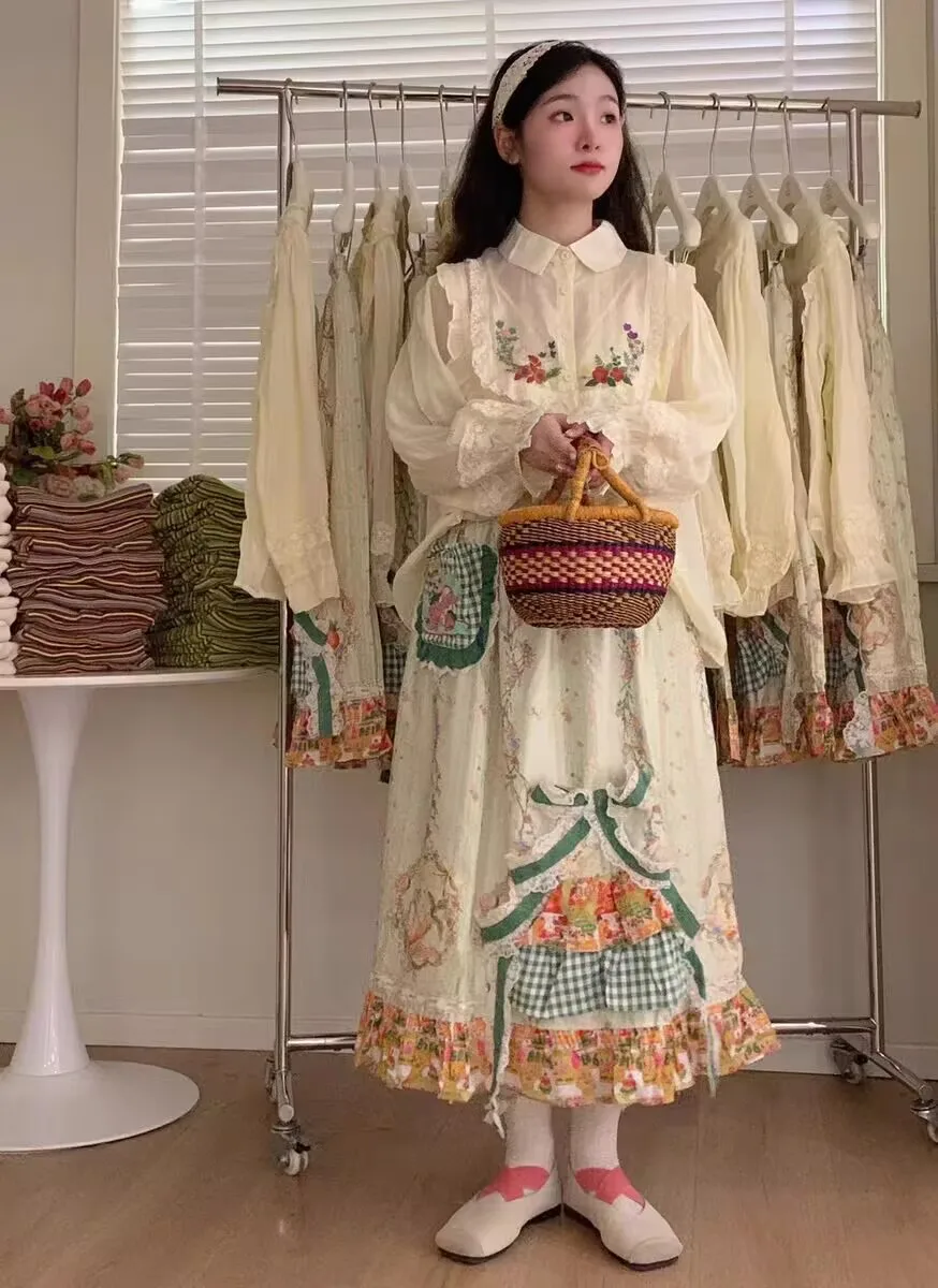 Mori Girl Sweet Lolita Long Skirt Spring Summer Women's Lace Plaid Splicing Elastic Waist Skirt Vintage Rabbit Embroidery Skirt
Mori Girl Sweet Lolita Long Skirt Spring Summer Women's Lace Plaid Splicing Elastic Waist Skirt Vintage Rabbit Embroidery Skirt